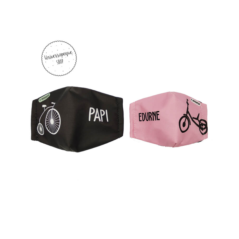 mascarilla personalizada bicicleta triciclo rosa y negro