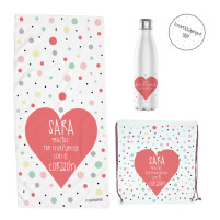 pack botella, toalla y mochila corazón
