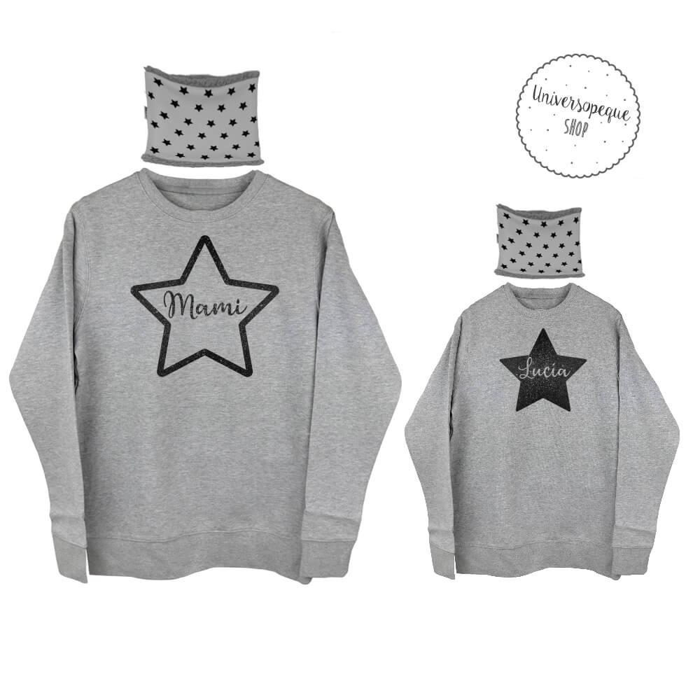 sudaderas grises con braga para el cuello y estampado estrella negra