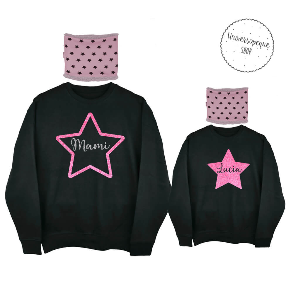 sudaderas negras con braga para e cuello y estrella glitter rosa