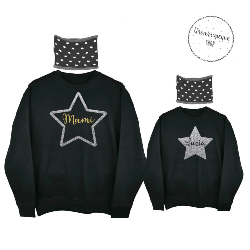 sudaderas negras con estrella plata de purpurina y braga para el cuello