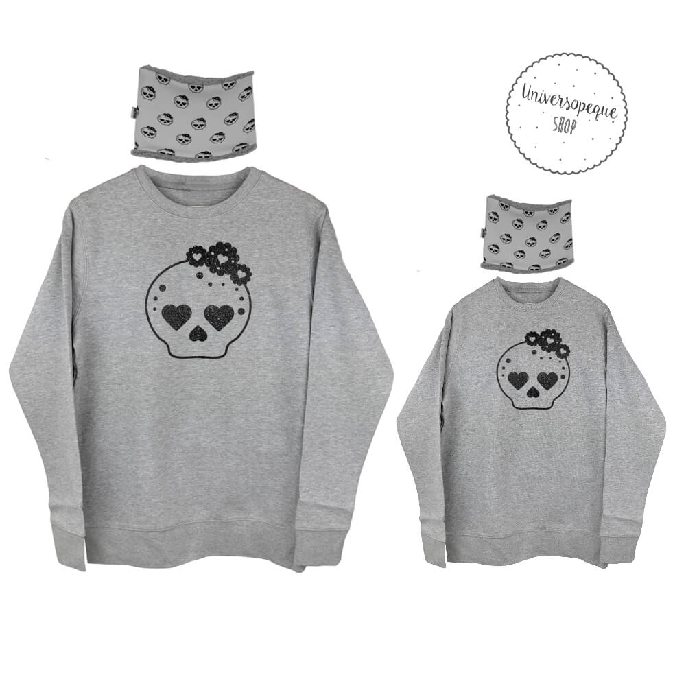 sudaderas grises con calavera glitter y braga para el cuello