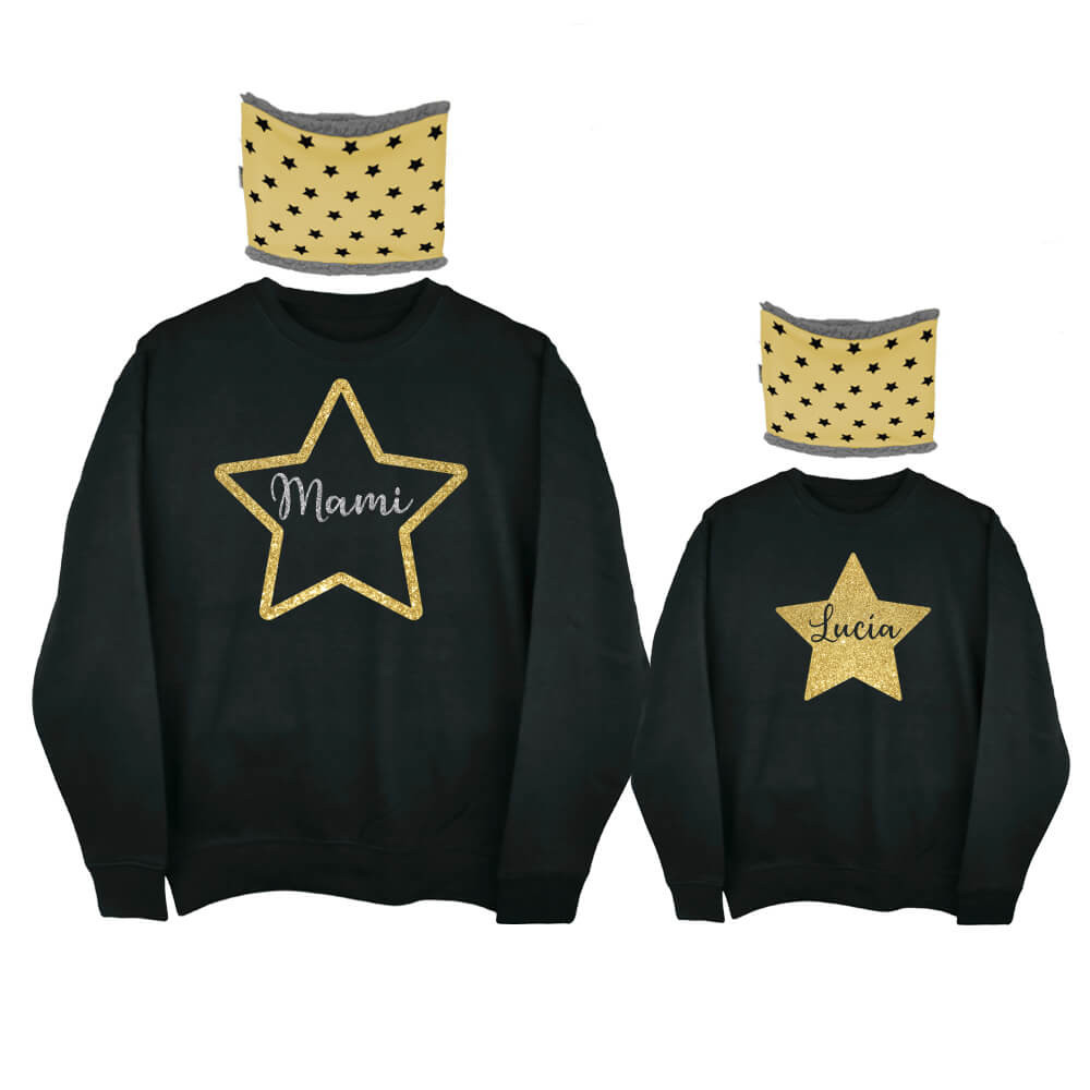 sudaderas negra con estrella dorada purpurina y braga para el cuello