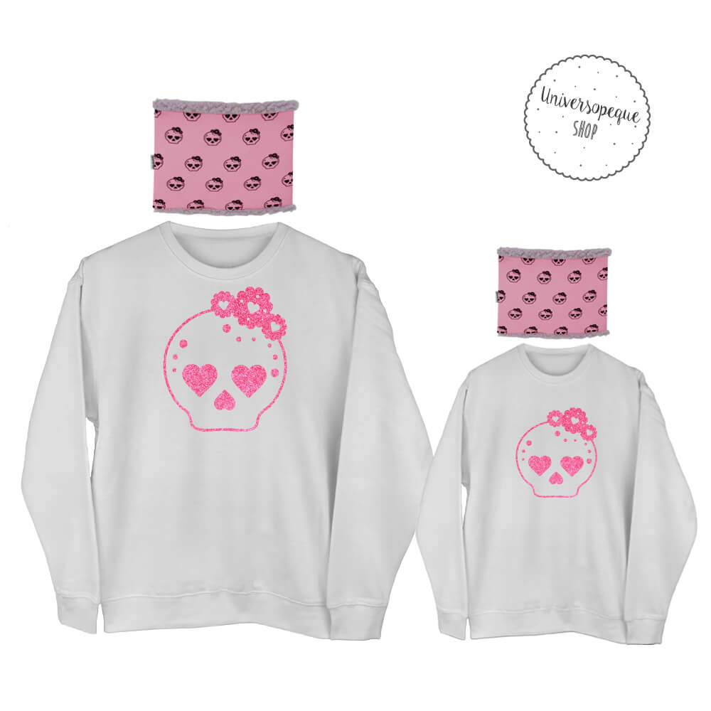 sudadera blanca con calavera glitter rosa